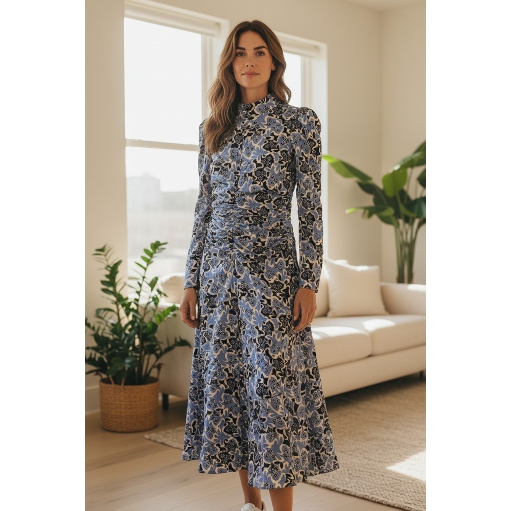 ME+EM Floral Ruched Jersey Midi Dress Womens Blue Navy Long Sleeve US 0 UK 4